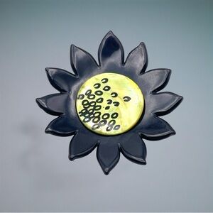Vintage Resin Sunflower Brooch Black and Abalone Lime Green Handpainted